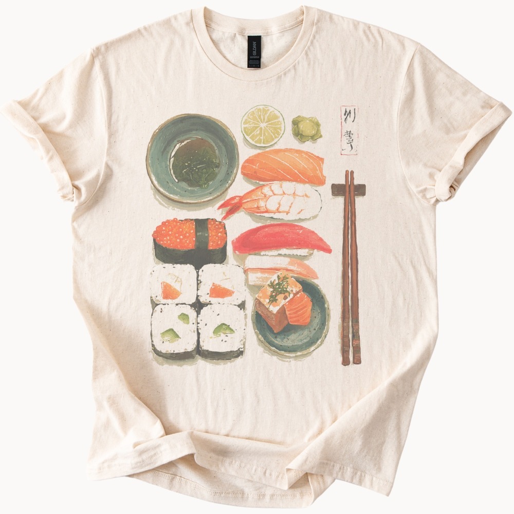 Sushi Board Graphic Tee Foodie Art Design Natural